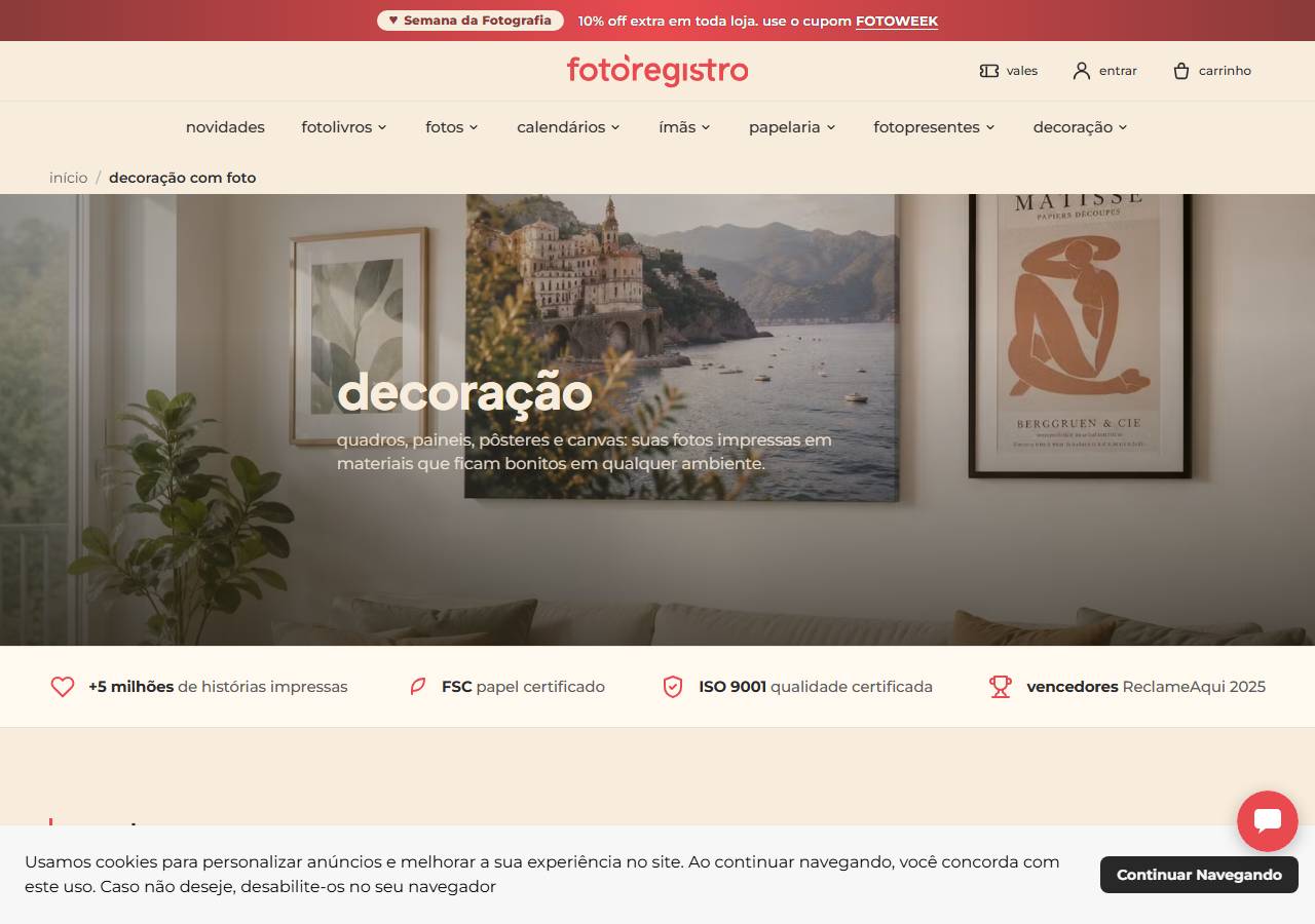 Categoria de decoração da loja online da FotoRegistro, com canvas, acrílico, alumínio e quadro com moldura entre as opções