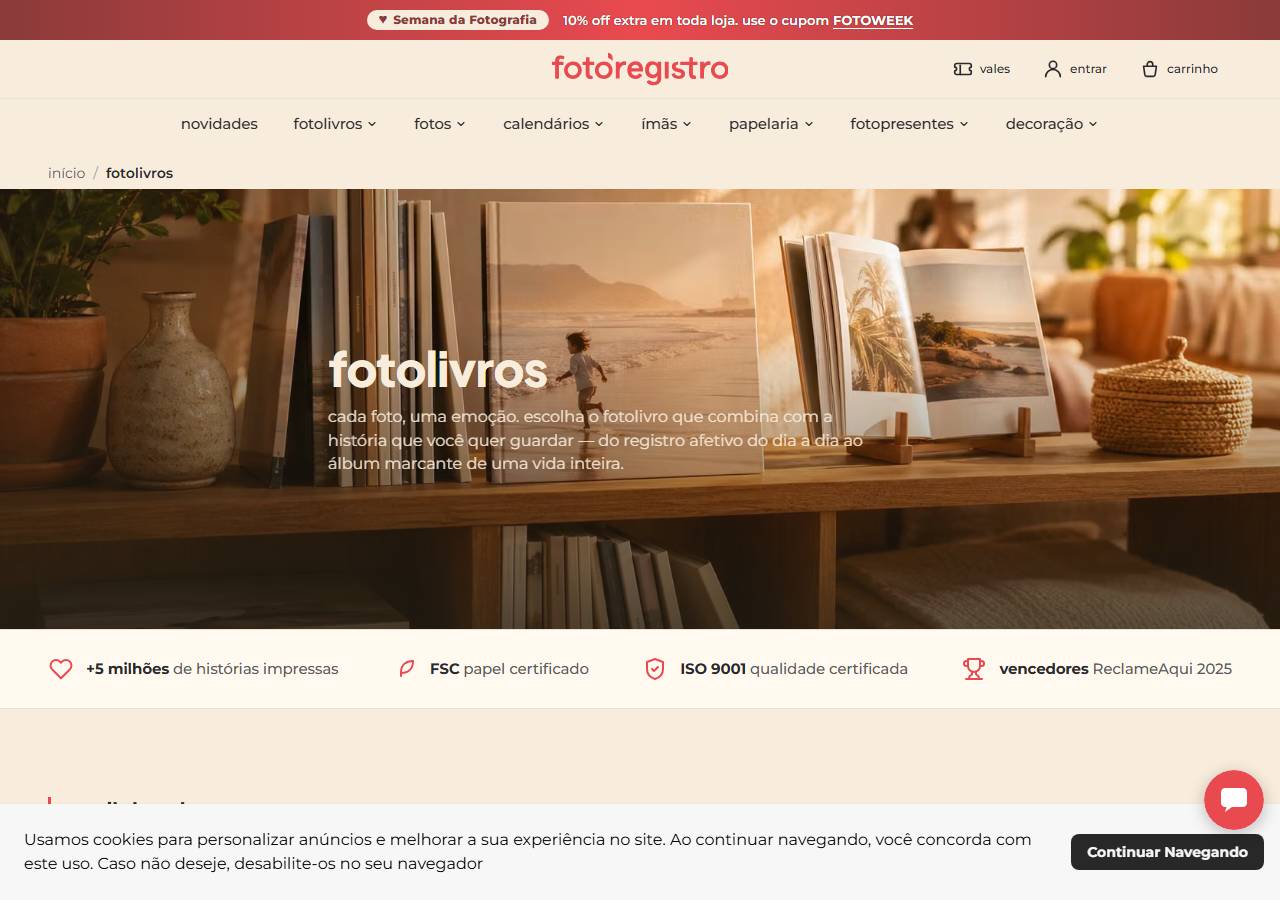 Categoria de fotolivros da FotoRegistro: linha Plus, Premium e Super Premium exibidas na loja online