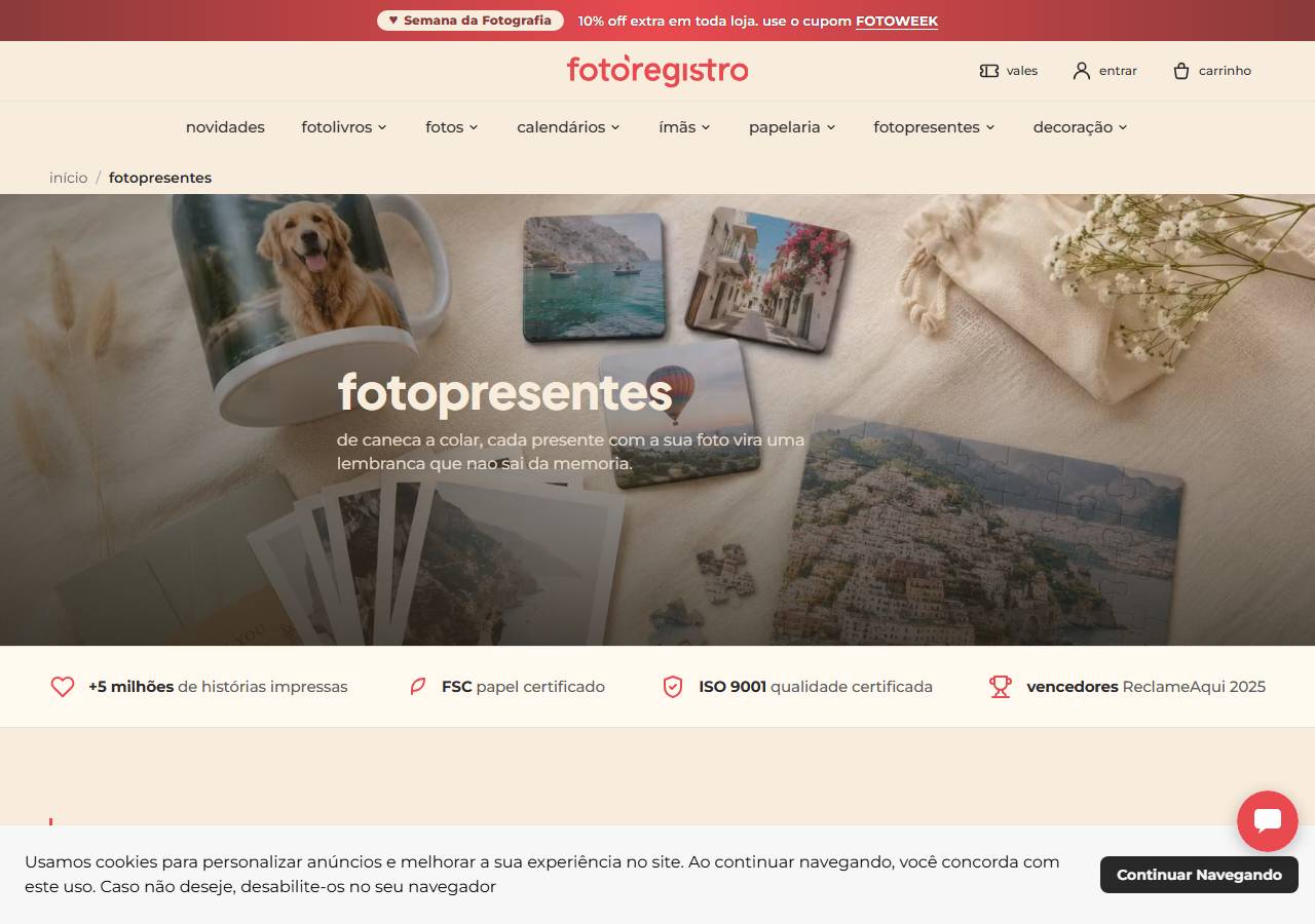 Categoria de fotopresentes da FotoRegistro: álbum de figurinhas, caneca e quebra-cabeça personalizados