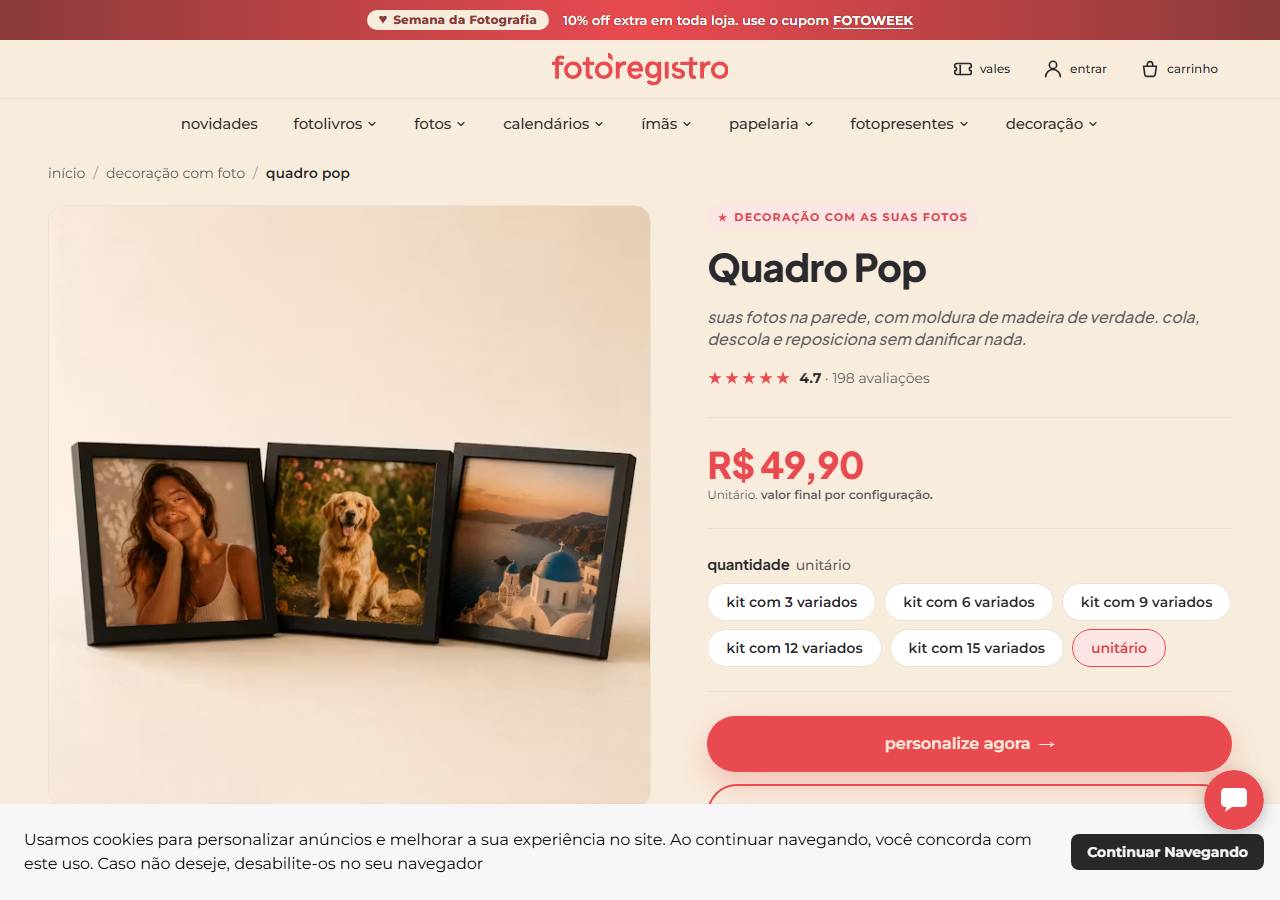 Página do produto Quadro Pop da FotoRegistro, com opções de tamanho, moldura de MDF e simulação no editor online