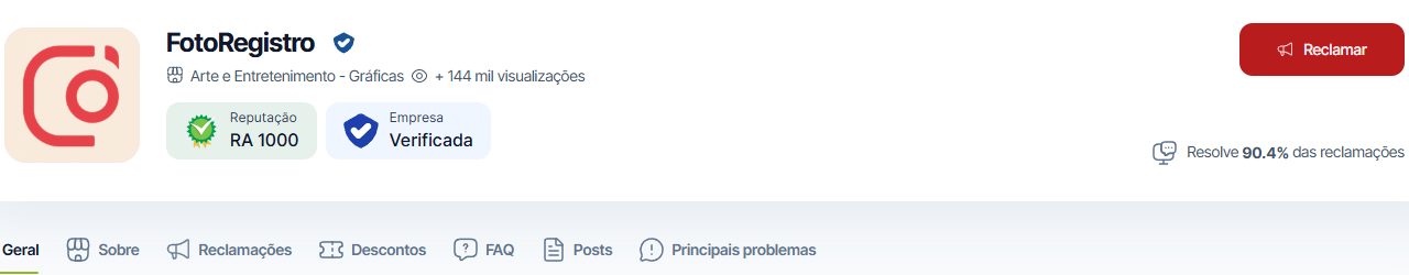 Selo RA1000 e indicadores públicos da FotoRegistro no Reclame Aqui: Empresa Verificada, 90,4% das reclamações resolvidas