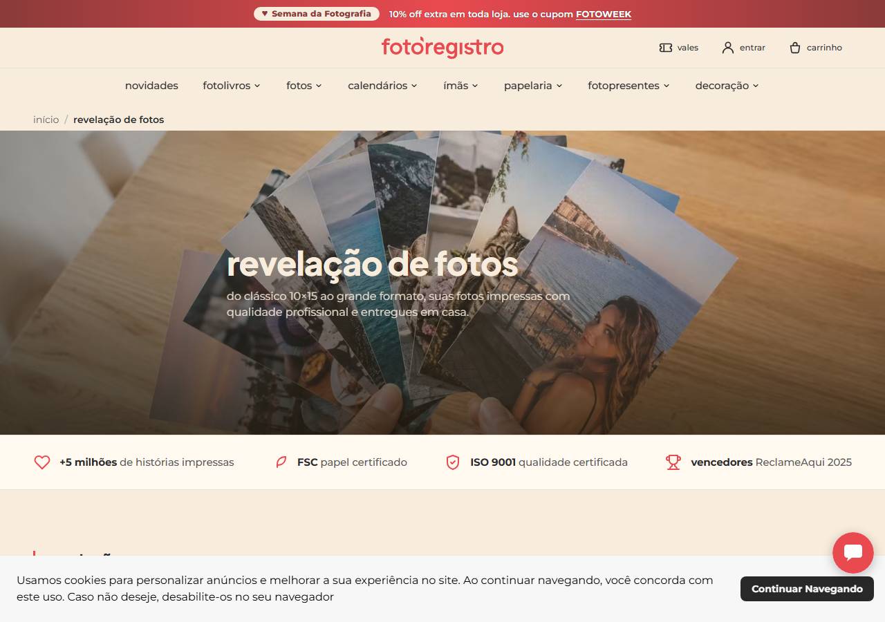 Categoria de fotos e revelação da FotoRegistro, com opções de tamanho e acabamento